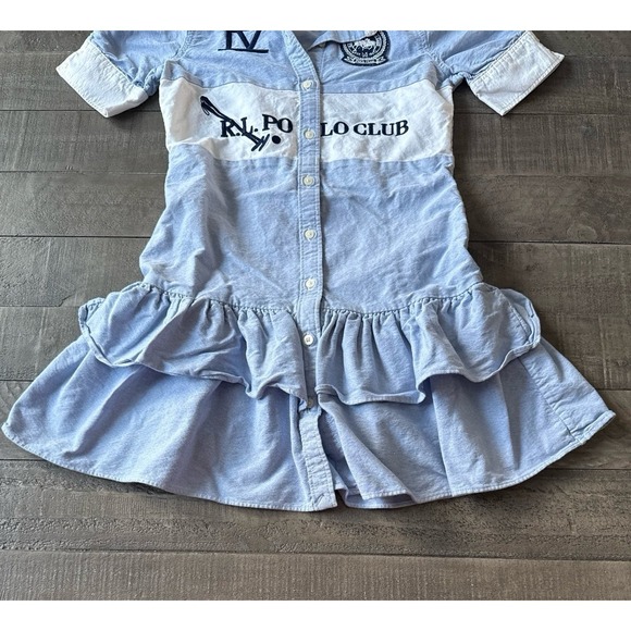 Ralph Lauren Polo Girls Blue White collared shift dress ruffled hem size 10 - Picture 7 of 12